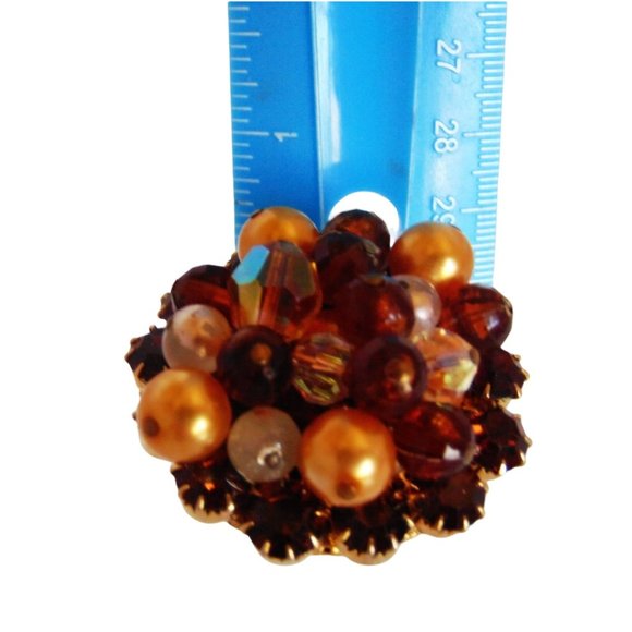 Vintage Brown Bead and Rhinestone Crystal Layered Gold Tone Brooch 2" Diameter - Picture 4 of 5
